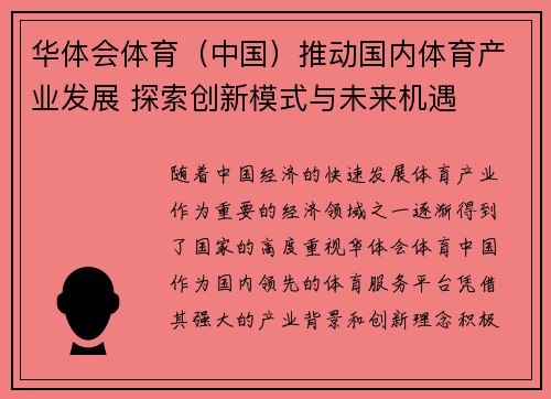 华体会体育（中国）推动国内体育产业发展 探索创新模式与未来机遇